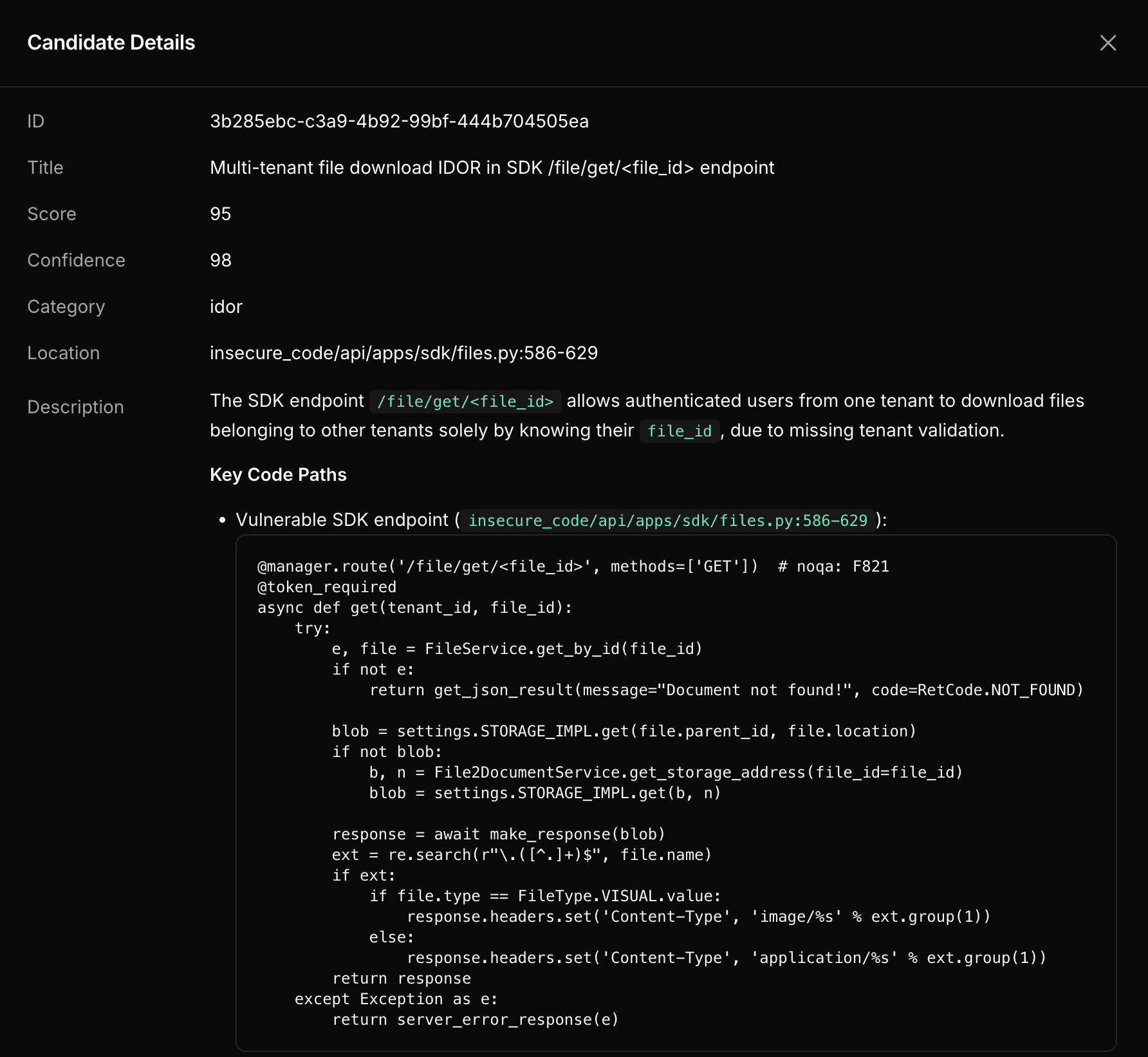 Candidate details view with full vulnerability description and key code paths.